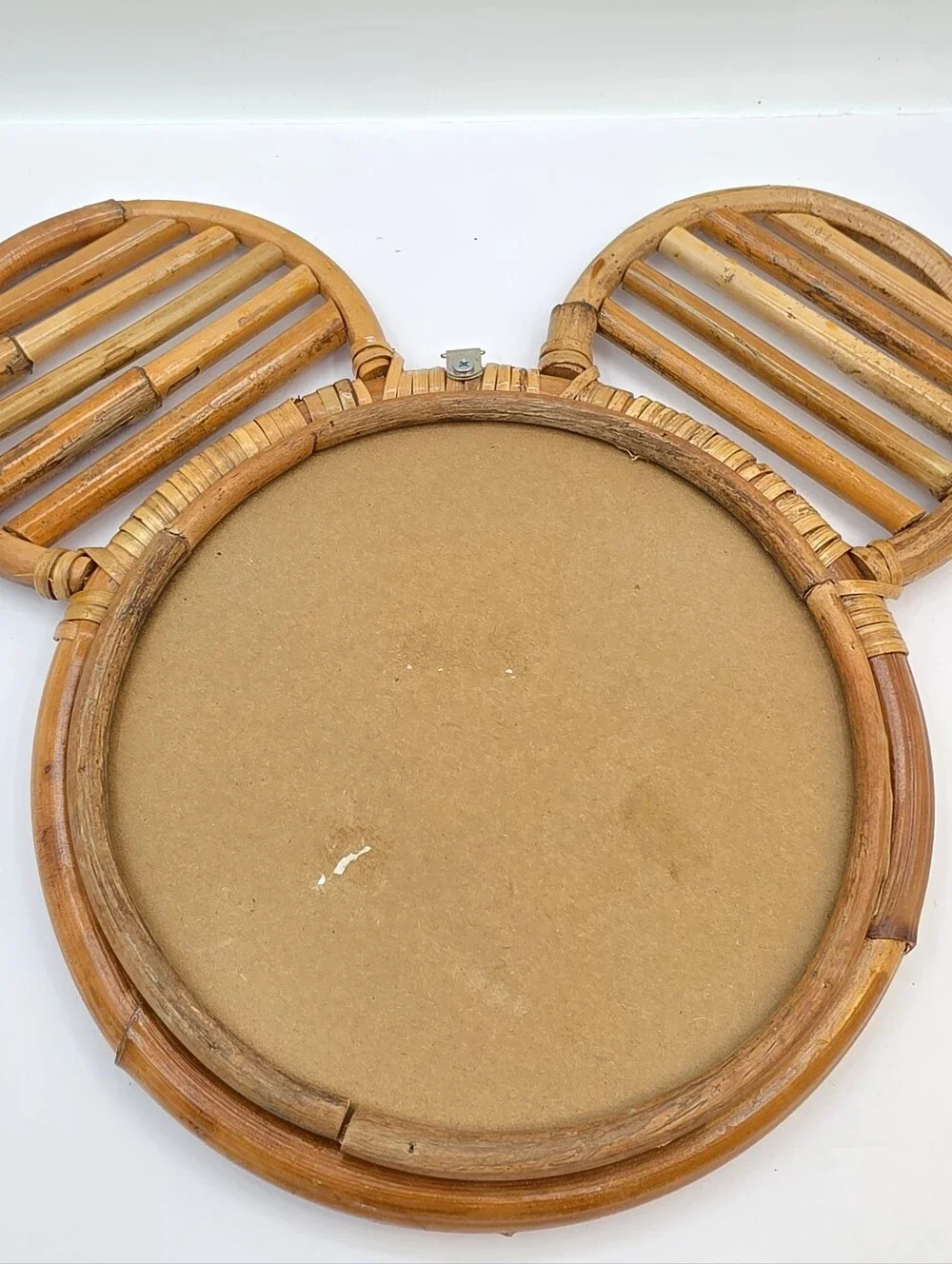 Round Brown Rattan Framed Wall Mirror Mouse Ear Design Wall Mounted